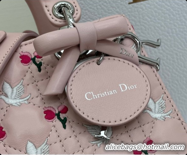 Affordable Price Dior Small Lady Dior Bag in Cannage Lambskin with Doves & Roses Motif Embroidery D090314 Pink 2026