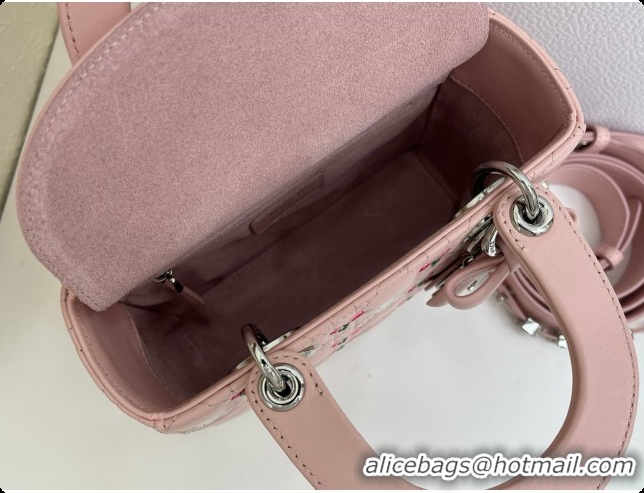 Affordable Price Dior Small Lady Dior Bag in Cannage Lambskin with Doves & Roses Motif Embroidery D090314 Pink 2026