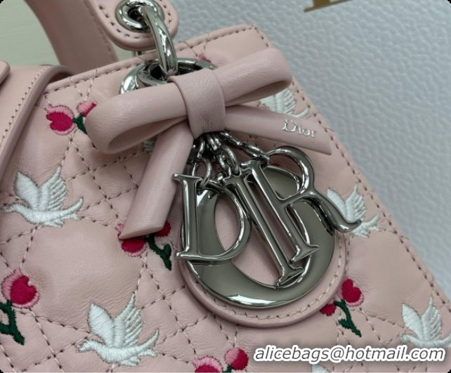Affordable Price Dior Small Lady Dior Bag in Cannage Lambskin with Doves & Roses Motif Embroidery D090314 Pink 2026