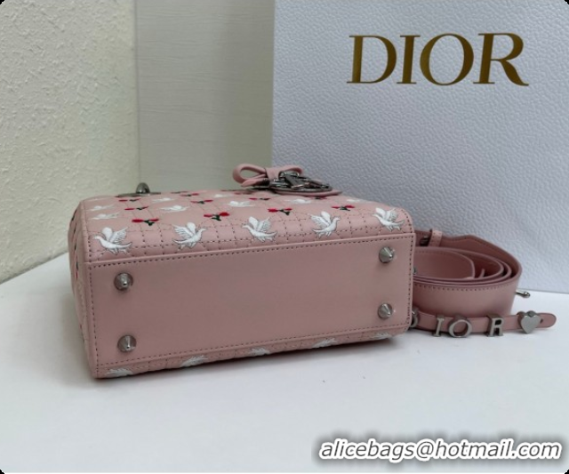 Affordable Price Dior Small Lady Dior Bag in Cannage Lambskin with Doves & Roses Motif Embroidery D090314 Pink 2026
