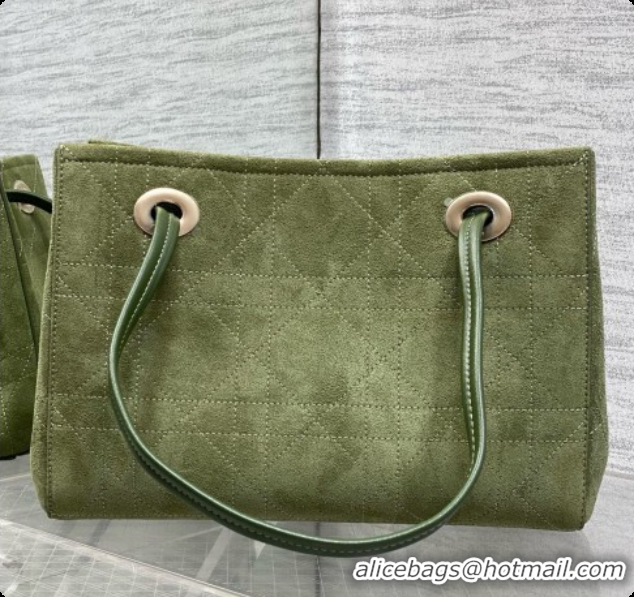 Best Quality Dior Qixi Small Dior Promenade Shopping Bag in Vanilla Flat Cannage Suede D090335 Green 2026