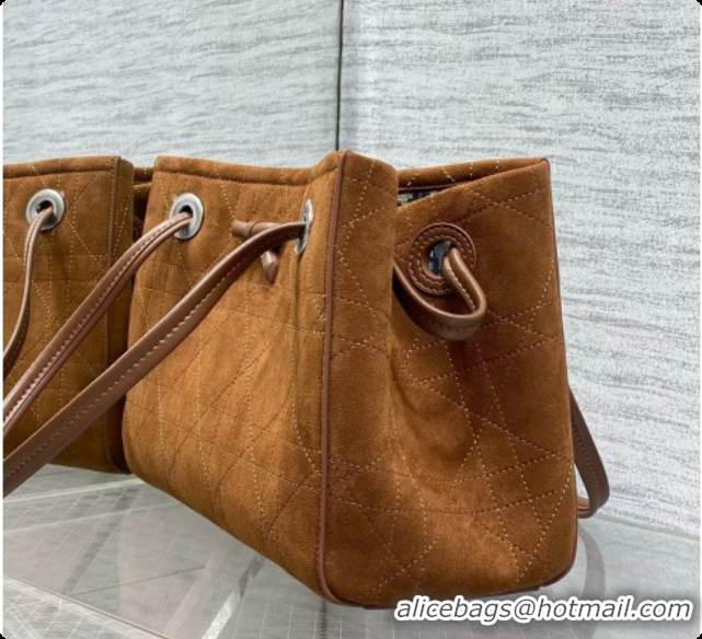New Design Dior Qixi Small Dior Promenade Shopping Bag in Vanilla Flat Cannage Suede D090336 Brown 2026