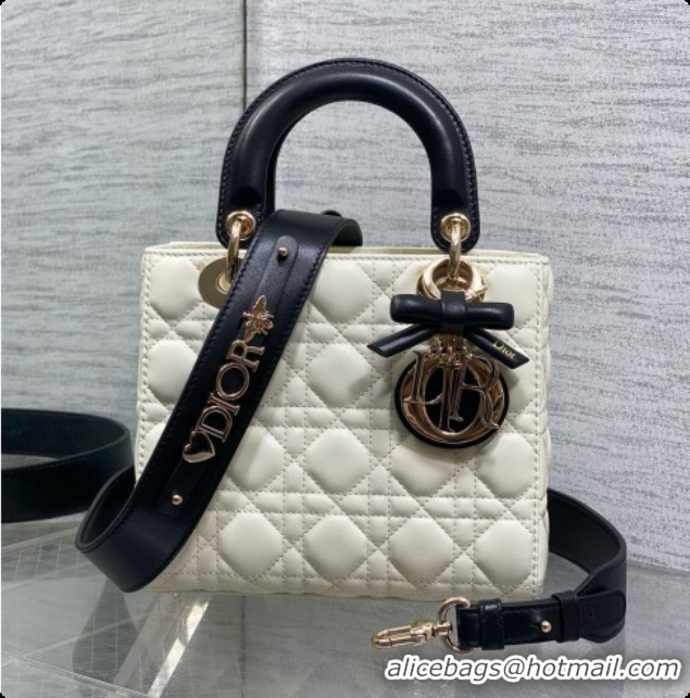 Grade Quality Dior Small Lady Bag in Cannage Lambskin with Bow D090345 White/Black/Gold 2026