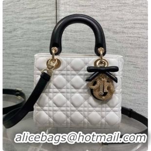 Elegant Dior Small Lady Bag in Cannage Lambskin with Bow D090346 White/Black/Crystals 2026