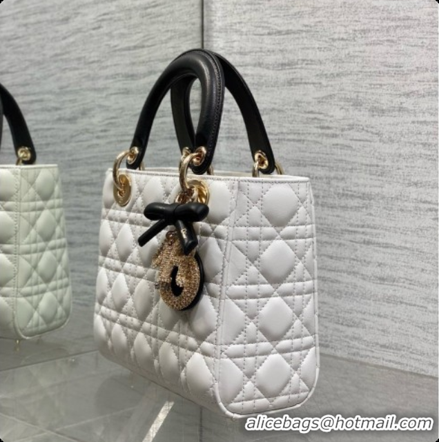 Elegant Dior Small Lady Bag in Cannage Lambskin with Bow D090346 White/Black/Crystals 2026