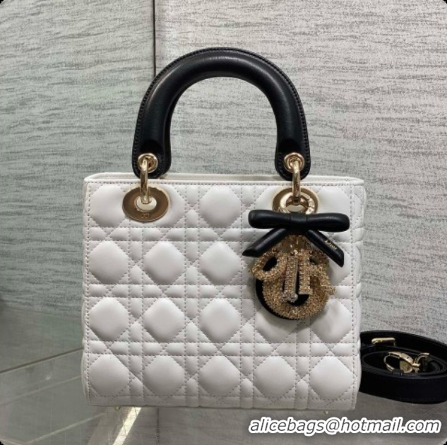 Elegant Dior Small Lady Bag in Cannage Lambskin with Bow D090346 White/Black/Crystals 2026