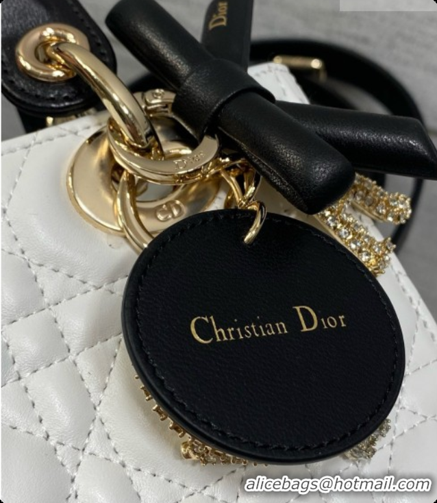 Elegant Dior Small Lady Bag in Cannage Lambskin with Bow D090346 White/Black/Crystals 2026