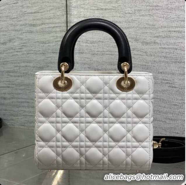 Elegant Dior Small Lady Bag in Cannage Lambskin with Bow D090346 White/Black/Crystals 2026