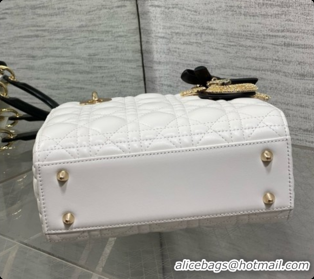 Elegant Dior Small Lady Bag in Cannage Lambskin with Bow D090346 White/Black/Crystals 2026