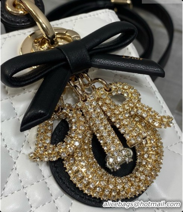 Elegant Dior Small Lady Bag in Cannage Lambskin with Bow D090346 White/Black/Crystals 2026