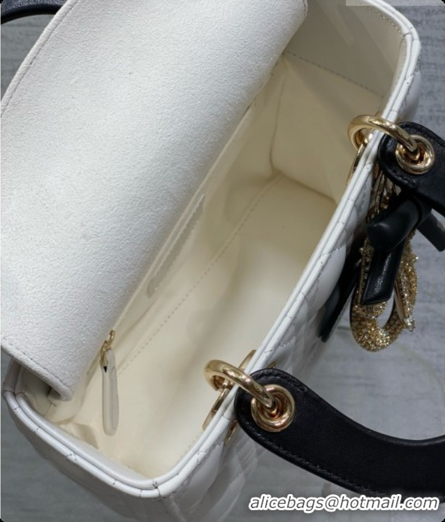 Elegant Dior Small Lady Bag in Cannage Lambskin with Bow D090346 White/Black/Crystals 2026