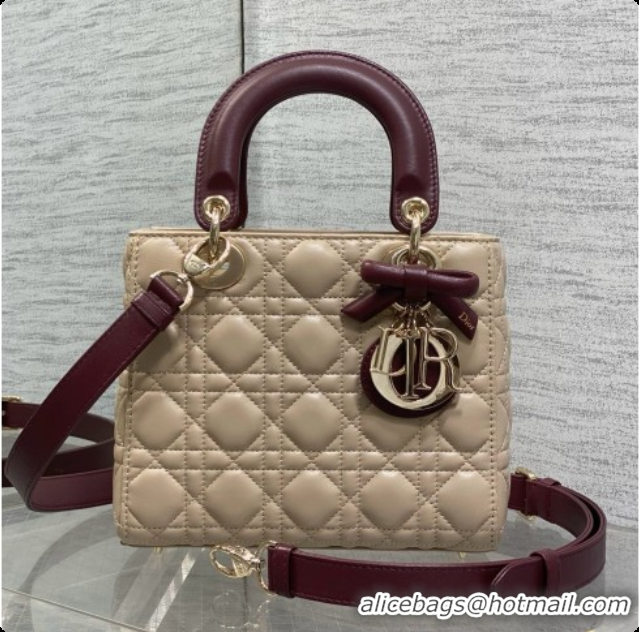 Top Design Dior Small Lady Bag in Cannage Lambskin with Bow D090348 Beige/Burgundy 2026