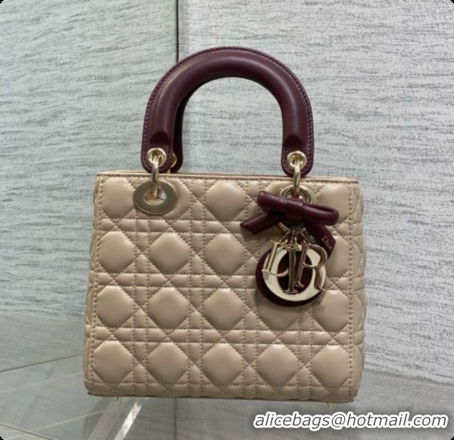 Top Design Dior Small Lady Bag in Cannage Lambskin with Bow D090348 Beige/Burgundy 2026