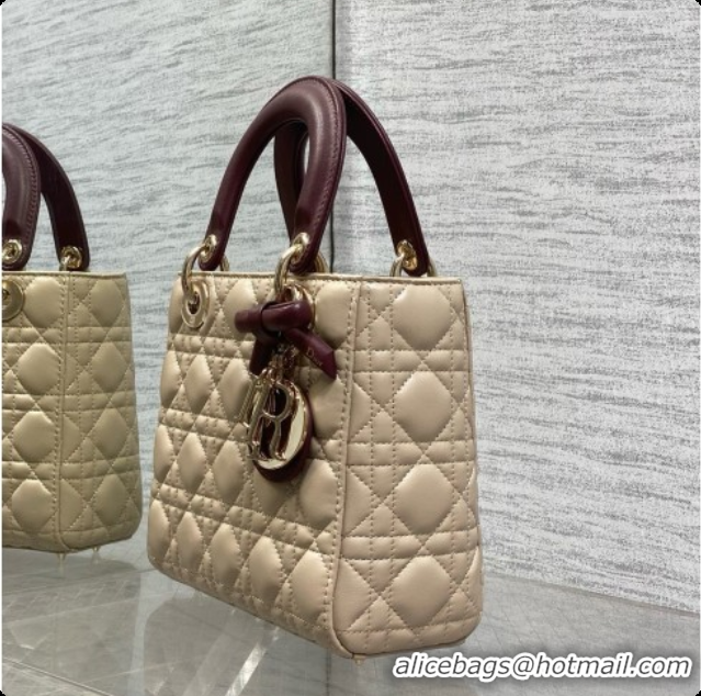 Top Design Dior Small Lady Bag in Cannage Lambskin with Bow D090348 Beige/Burgundy 2026