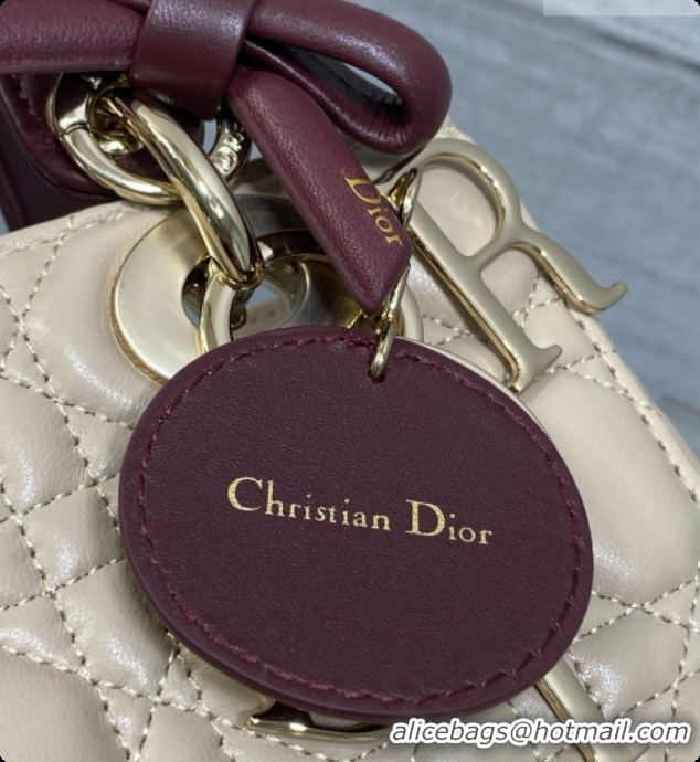 Top Design Dior Small Lady Bag in Cannage Lambskin with Bow D090348 Beige/Burgundy 2026