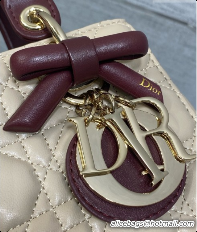 Top Design Dior Small Lady Bag in Cannage Lambskin with Bow D090348 Beige/Burgundy 2026