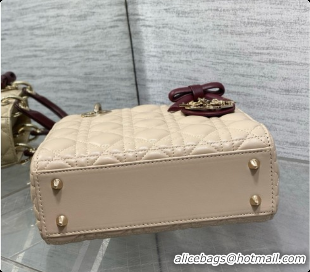 Top Design Dior Small Lady Bag in Cannage Lambskin with Bow D090348 Beige/Burgundy 2026