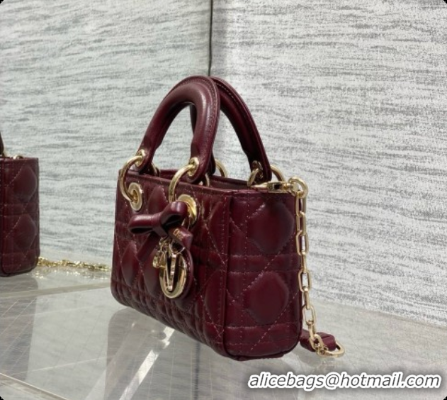 Top Grade Dior Mini Lady D-Joy Bag in Cannage Lambskin with Bow D090421 Burgundy 2026