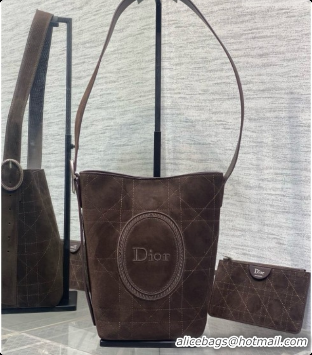 Discounts Dior Jett Médaillon Small Bucket Bag in Cannage Suede Calfskin Dark Brown 2026 6090437