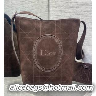 Shop Duplicate Dior Jett Médaillon Bucket Bag in Cannage Suede Calfskin Dark Brown 2026 6090438