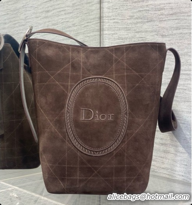 Shop Duplicate Dior Jett Médaillon Bucket Bag in Cannage Suede Calfskin Dark Brown 2026 6090438