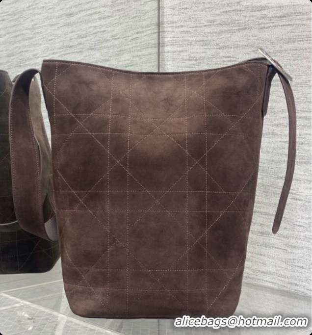 Shop Duplicate Dior Jett Médaillon Bucket Bag in Cannage Suede Calfskin Dark Brown 2026 6090438