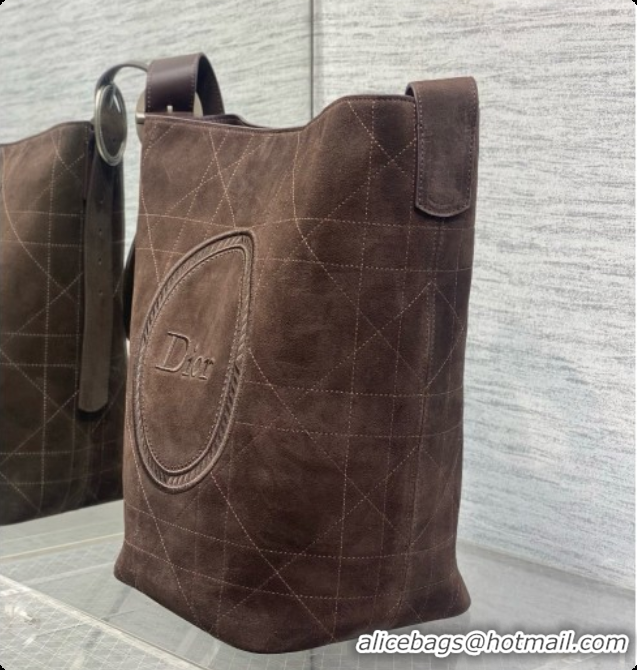 Shop Duplicate Dior Jett Médaillon Bucket Bag in Cannage Suede Calfskin Dark Brown 2026 6090438