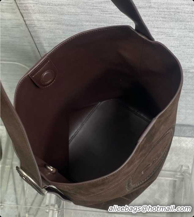 Shop Duplicate Dior Jett Médaillon Bucket Bag in Cannage Suede Calfskin Dark Brown 2026 6090438