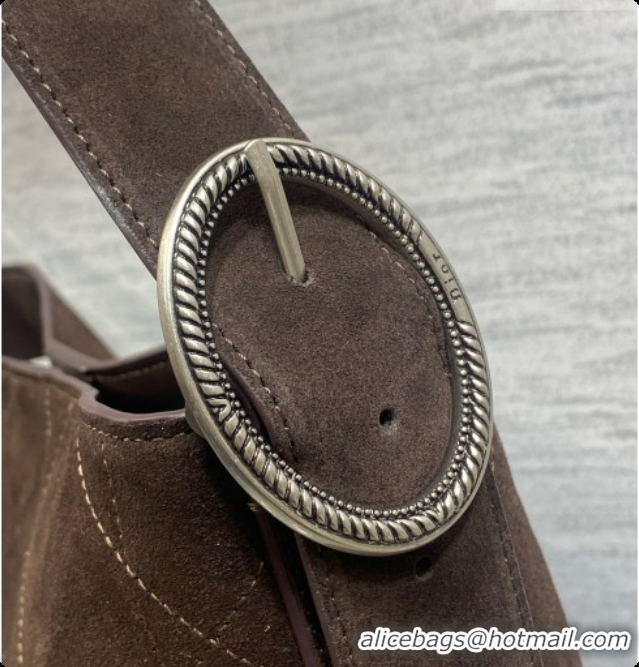 Shop Duplicate Dior Jett Médaillon Bucket Bag in Cannage Suede Calfskin Dark Brown 2026 6090438
