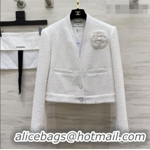 Luxury Cheap Chanel Tweed Jacket with Camellia CH093004 White 2026