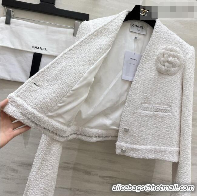 Luxury Cheap Chanel Tweed Jacket with Camellia CH093004 White 2026