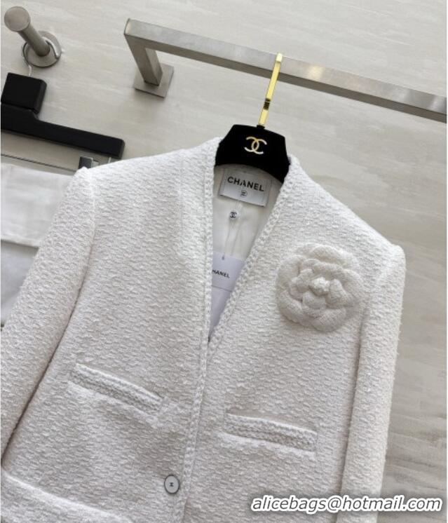 Luxury Cheap Chanel Tweed Jacket with Camellia CH093004 White 2026