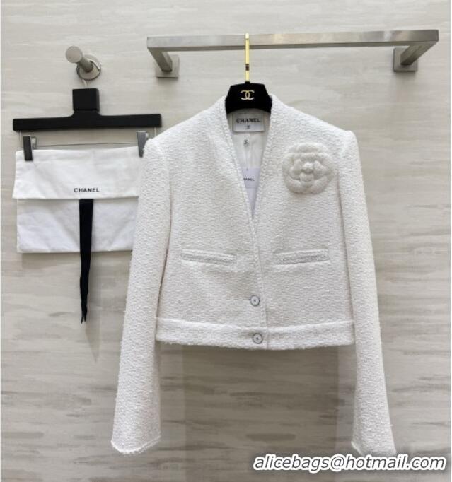 Luxury Cheap Chanel Tweed Jacket with Camellia CH093004 White 2026