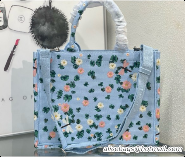 Low Price Dior Medium Book Tote Bag with Strap in Multicolor Dior Water Lily Embroidery and Dior Médaillon D100722 Blue 
