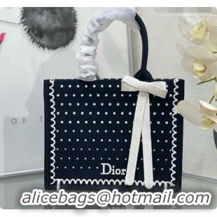 Best Price Dior Small Book Tote Bag with Strap with Strap in Black and White PolkaDior Embroidery D100723 2026