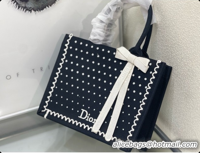 Best Price Dior Small Book Tote Bag with Strap with Strap in Black and White PolkaDior Embroidery D100723 2026