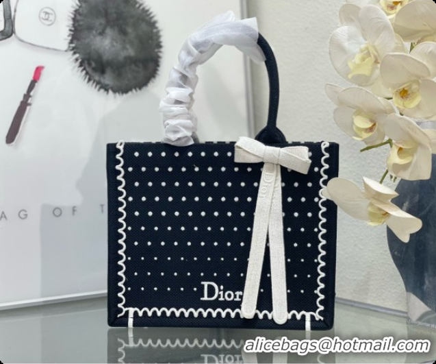 Best Price Dior Small Book Tote Bag with Strap with Strap in Black and White PolkaDior Embroidery D100723 2026