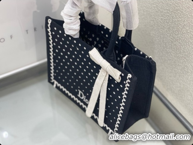 Best Price Dior Small Book Tote Bag with Strap with Strap in Black and White PolkaDior Embroidery D100723 2026