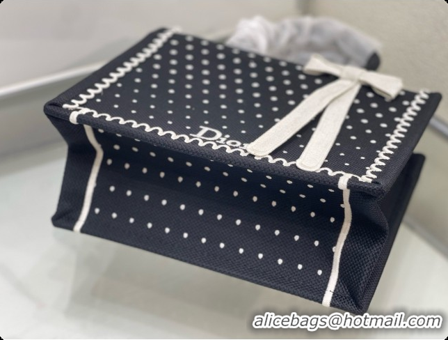 Best Price Dior Small Book Tote Bag with Strap with Strap in Black and White PolkaDior Embroidery D100723 2026