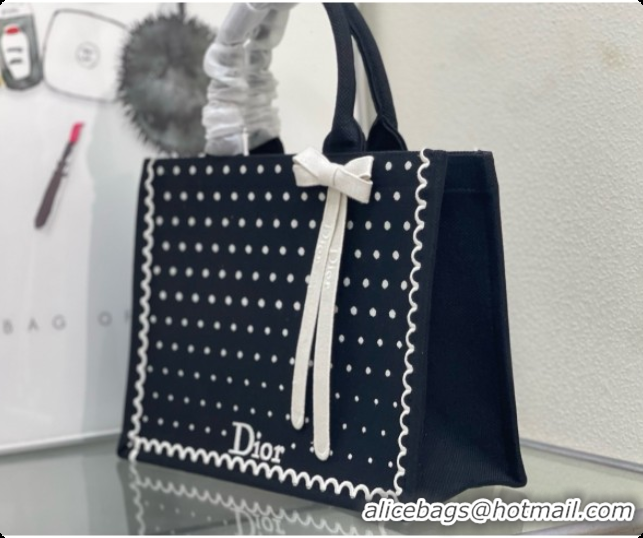 Durable Dior Medium Book Tote Bag with Strap with Strap in Black and White PolkaDior Embroidery D100724 2026