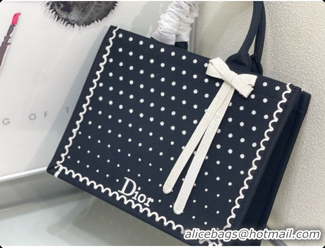 Durable Dior Medium Book Tote Bag with Strap with Strap in Black and White PolkaDior Embroidery D100724 2026