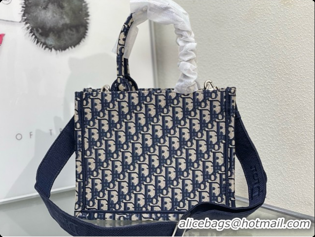 Online Discount Dior Small Dior Book Tote with Strap in Blue Dior Oblique Jacquard and Embroidered Dior Médaillon D10074