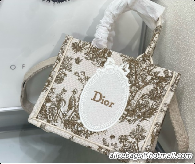 Popular Style Dioriviera Small Dior Book Tote with Strap in Beige Multicolor Toile de Jouy Floral Garden Embroidery D100