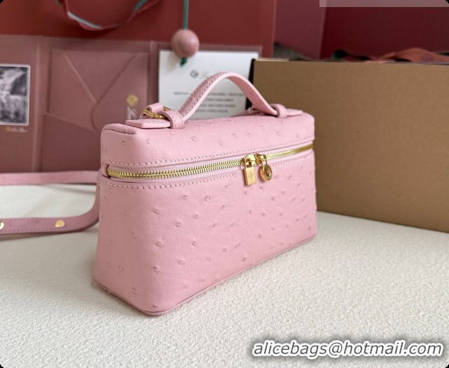 Pretty Style Loro Piana LP Extra Pocket Pouch L19 in Ostrich Embossed Leather Sakura/Gold 2026 FAI8393