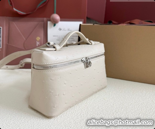 Luxurious Loro Piana LP Extra Pocket Pouch L19 in Ostrich Embossed Leather White/Silver 2026 FAI8393