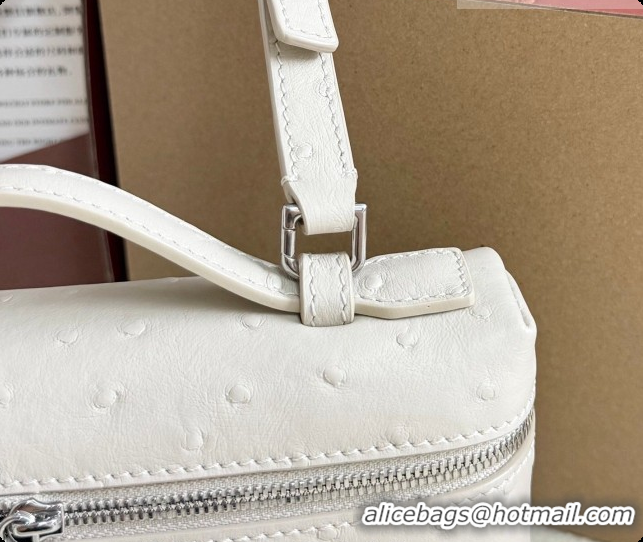 Luxurious Loro Piana LP Extra Pocket Pouch L19 in Ostrich Embossed Leather White/Silver 2026 FAI8393