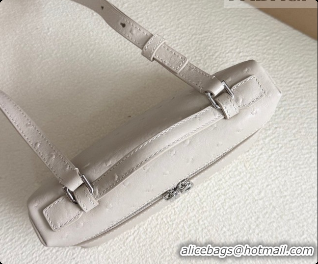 Luxurious Loro Piana LP Extra Pocket Pouch L19 in Ostrich Embossed Leather White/Silver 2026 FAI8393