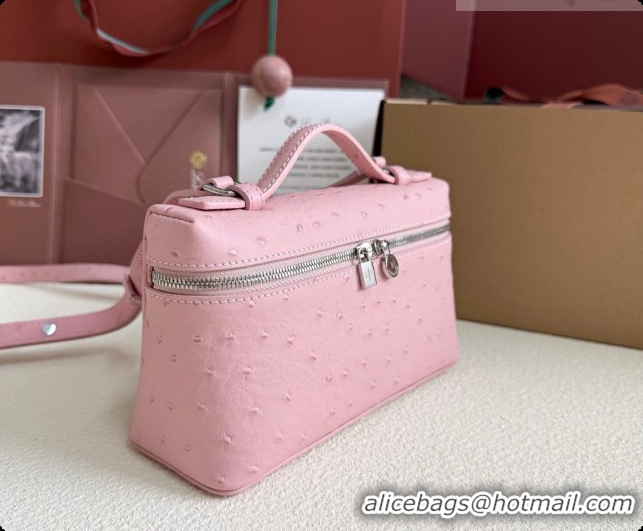 Good Quality Loro Piana LP Extra Pocket Pouch L19 in Ostrich Embossed Leather Sakura/Silver 2026 FAI8393