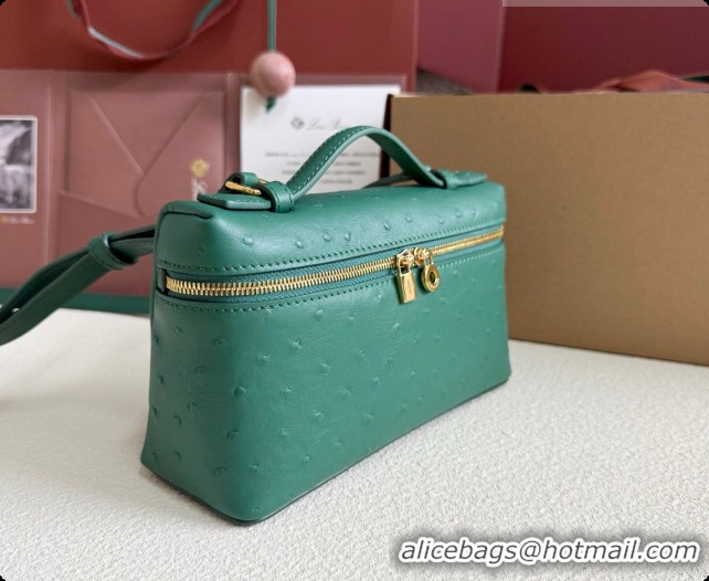 Unique Style Loro Piana LP Extra Pocket Pouch L19 in Ostrich Embossed Leather Peacock Green/Gold 2026 FAI8393