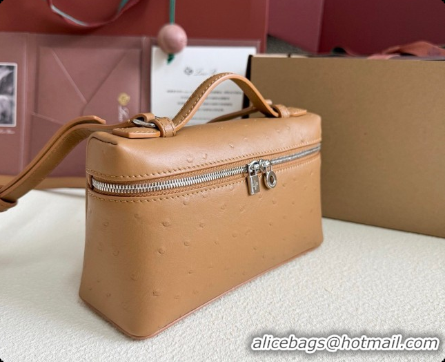Discount Loro Piana LP Extra Pocket Pouch L19 in Ostrich Embossed Leather Brown/Silver 2026 FAI8393